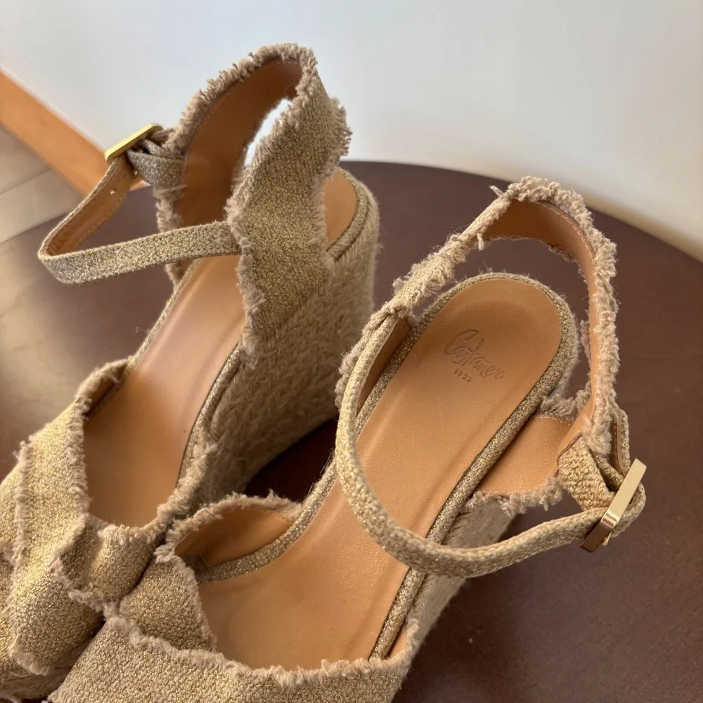 Castañer Bromelia Frayed Metallic Canvas Wedge Espadrilles, Size 39/ US 8